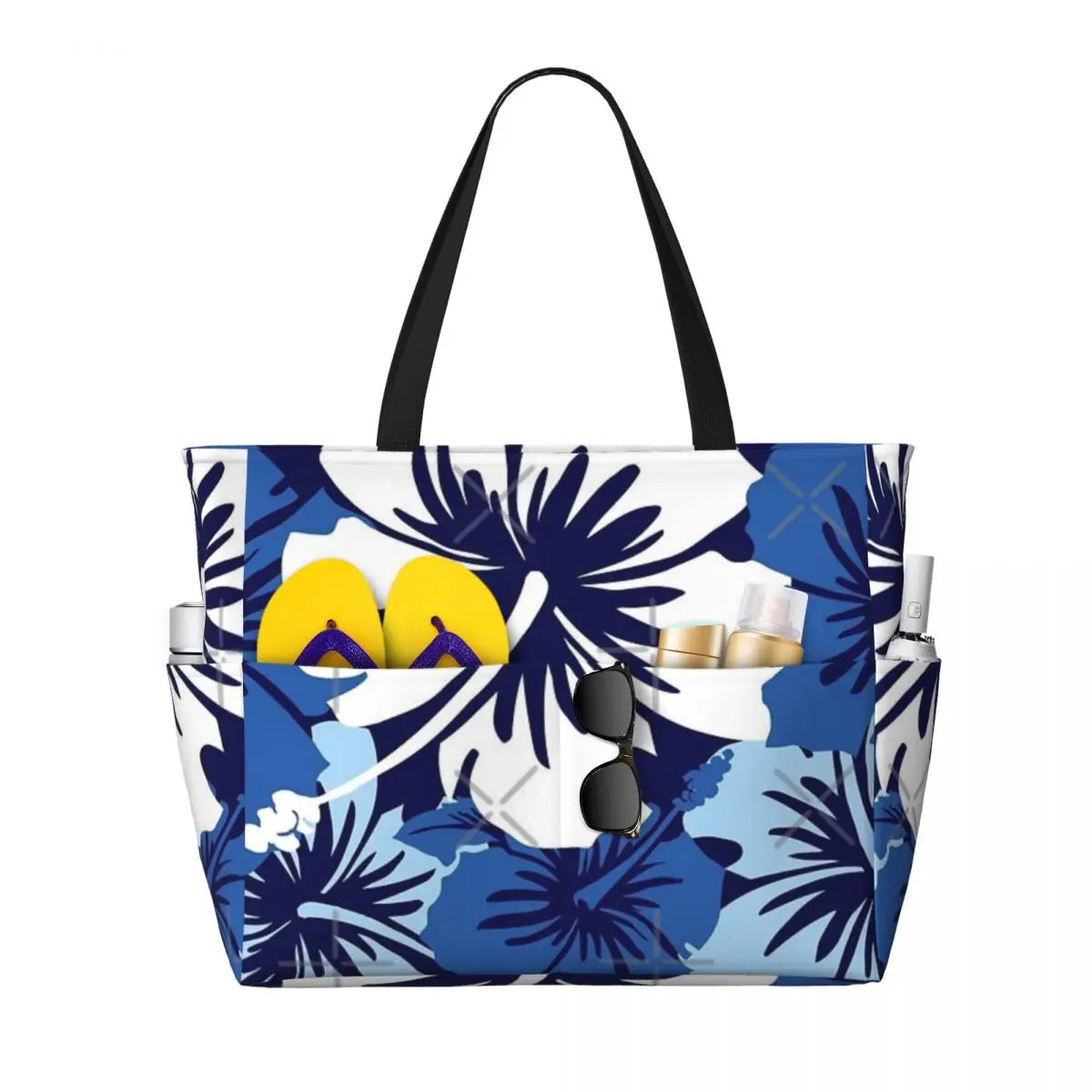 vibrant hibiscus floral design. Spacious and durable, perfect for carrying beach essentials, towels, and accessories. Ideal for summer outings, vacations, and tropical adventures