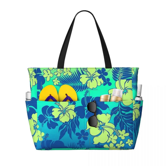 vibrant hibiscus floral design, perfect for beach trips, vacations, or weekend getaways, durable, lightweight, and stylish for carrying all your essentials in tropical style