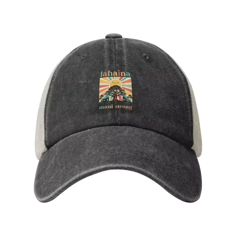 featuring an embroidered Lahaina design, ideal for sun protection and showcasing Hawaiian pride during outdoor activities or casual outings 