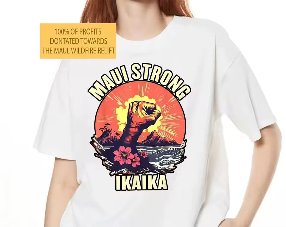 made from soft cotton, featuring a bold design to support disaster recovery efforts in Maui, unisex crewneck style perfect for spreading awareness and aloha spirit 