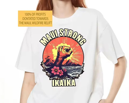 made from soft cotton, featuring a bold design to support disaster recovery efforts in Maui, unisex crewneck style perfect for spreading awareness and aloha spirit 