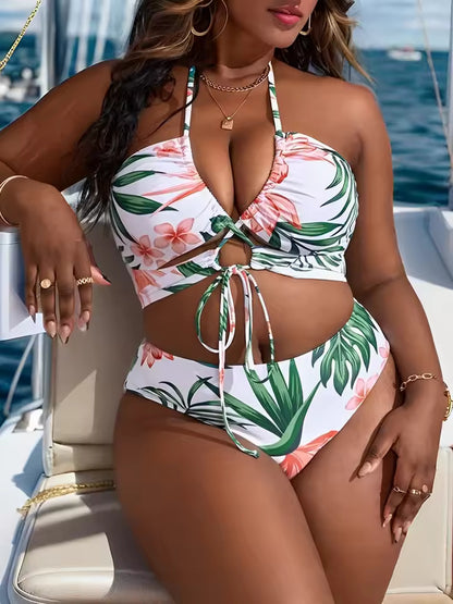 designed with a flattering halter neckline and supportive fit. Perfect for beach vacations or poolside lounging, this bikini set enhances your curves with style 