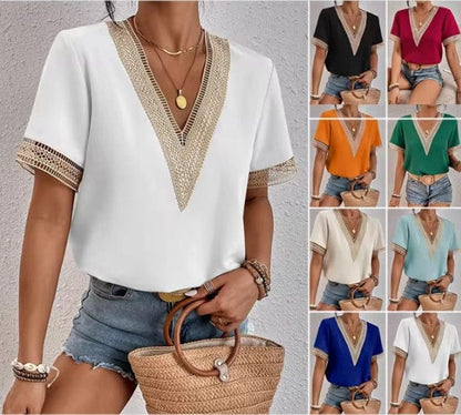 lace trim and a flattering V-neck design, lightweight top is perfect for warm weather, offering a chic and breezy look for casual outings, beach days, or summer evenings 