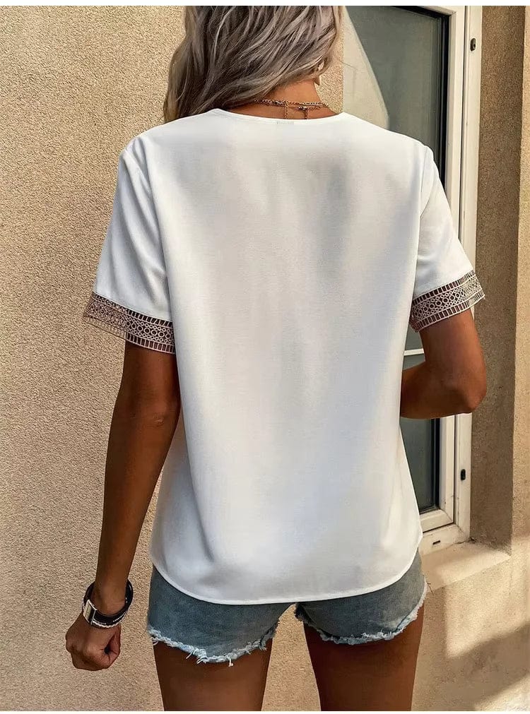 lace trim and a flattering V-neck design, lightweight top is perfect for warm weather, offering a chic and breezy look for casual outings, beach days, or summer evenings 