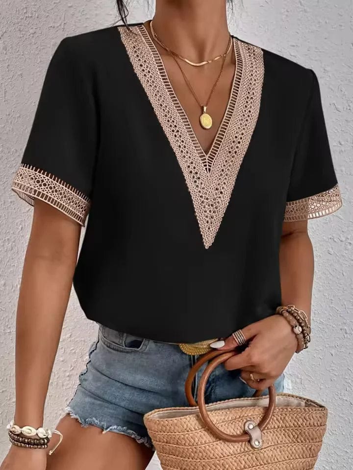 lace trim and a flattering V-neck design, lightweight top is perfect for warm weather, offering a chic and breezy look for casual outings, beach days, or summer evenings 