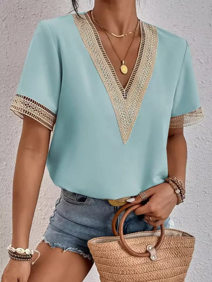 lace trim and a flattering V-neck design, lightweight top is perfect for warm weather, offering a chic and breezy look for casual outings, beach days, or summer evenings 