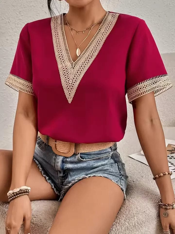 lace trim and a flattering V-neck design, lightweight top is perfect for warm weather, offering a chic and breezy look for casual outings, beach days, or summer evenings 