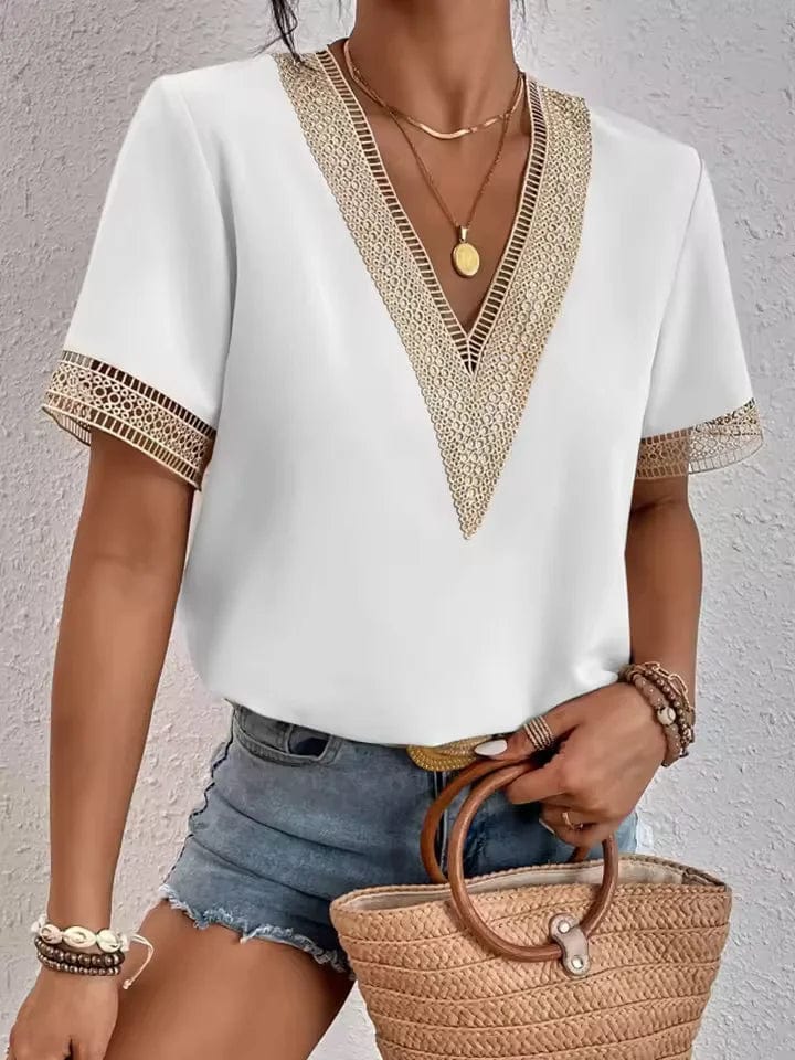 lace trim and a flattering V-neck design, lightweight top is perfect for warm weather, offering a chic and breezy look for casual outings, beach days, or summer evenings 