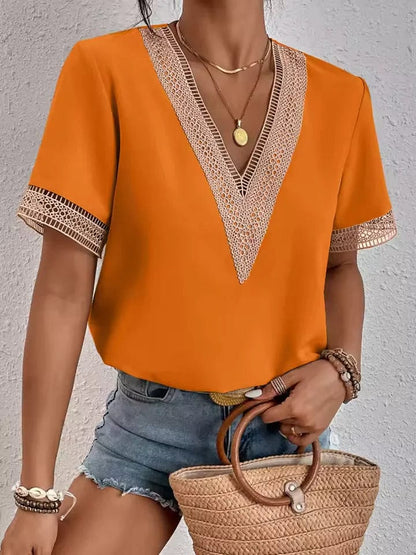 lace trim and a flattering V-neck design, lightweight top is perfect for warm weather, offering a chic and breezy look for casual outings, beach days, or summer evenings 