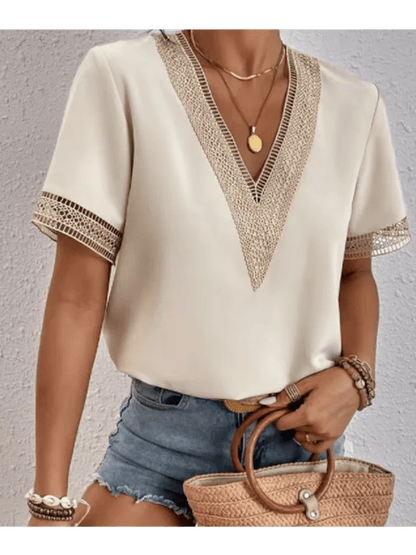 lace trim and a flattering V-neck design, lightweight top is perfect for warm weather, offering a chic and breezy look for casual outings, beach days, or summer evenings 