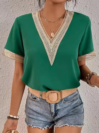 lace trim and a flattering V-neck design, lightweight top is perfect for warm weather, offering a chic and breezy look for casual outings, beach days, or summer evenings 