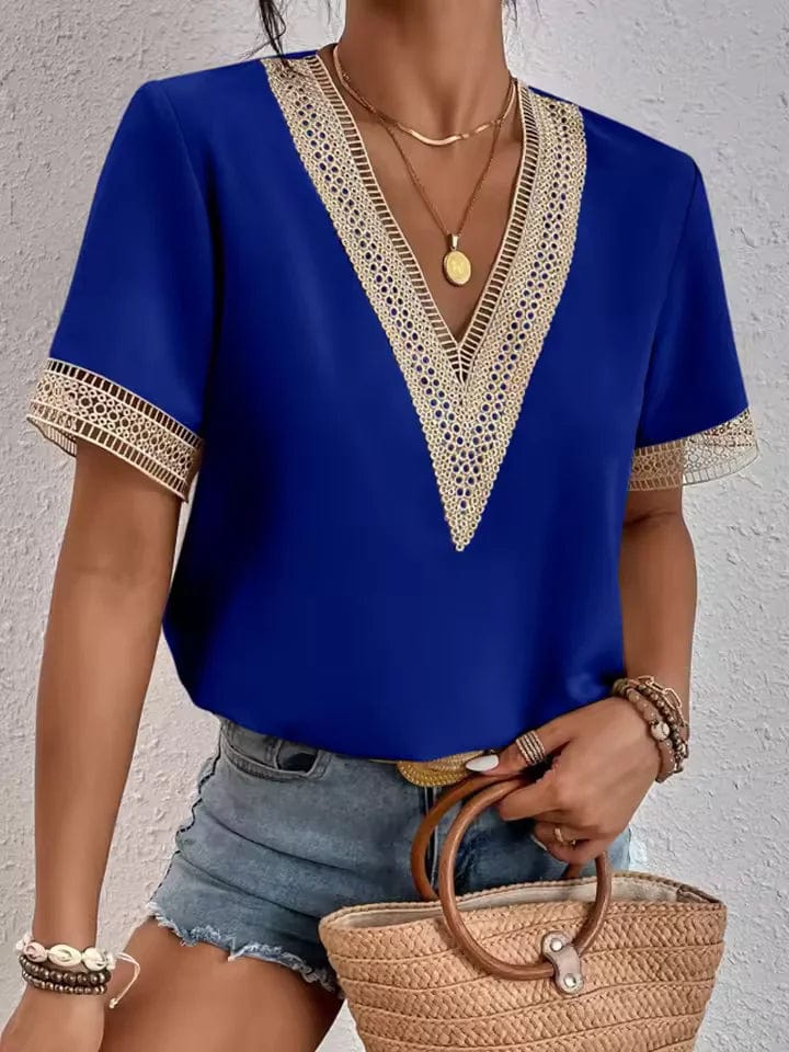 lace trim and a flattering V-neck design, lightweight top is perfect for warm weather, offering a chic and breezy look for casual outings, beach days, or summer evenings 